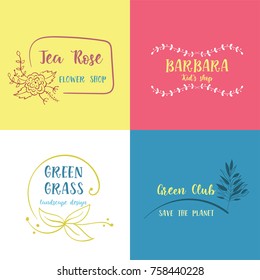 Vector set of handdrawn floral logos. 4 lovely business symbols to create cute femine logos.