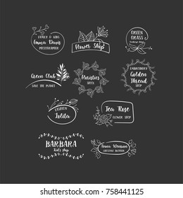 Vector set of handdrawn floral logos. Hand drawn spring collection with typographic design elements. 