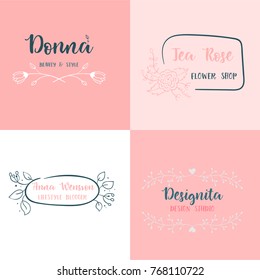 Vector set of handdrawn floral logos. 4 lovely business symbols to create cute femine logos.