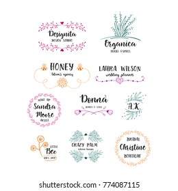 Vector set of handdrawn floral logos. Hand drawn spring collection with typographic design elements. 