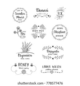 Vector set of handdrawn floral logos. Hand drawn spring collection with typographic design elements. 