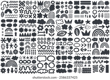 Vector set of hand-drawn fun doodles, rainbows, shapes, flowers