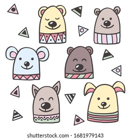 Vector set of hand-drawn funny cute animals, scandinavian style, for the design of packages, covers, postcards, books, print on textiles