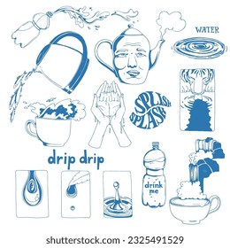 Vector set of hand-drawn funny illustrations on the theme of water. Cool sketches for stickers in cartoon style. Collection of doodles with nature.