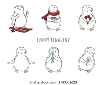 Juego de vectores de pingüinos graciosos dibujados a mano. Fondo blanco, aislado y delineado