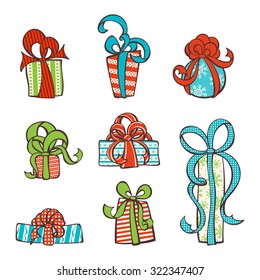 Vector set of hand-drawn gifts. Various doodles gifts. Design elements for your festive design isolated on transparent background.