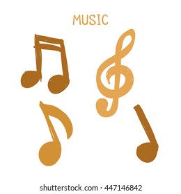 Vector Set of Hand-drawn gold music notes on white background for design, doodle illustration, music text