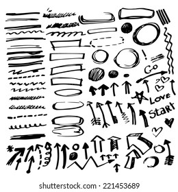 Vector set of hand-drawn graphic elements. Hand-drawn underlines, highlights, arrows, circles, dots, text, stars and hearts. Elements isolated on white background. Vector illustration.