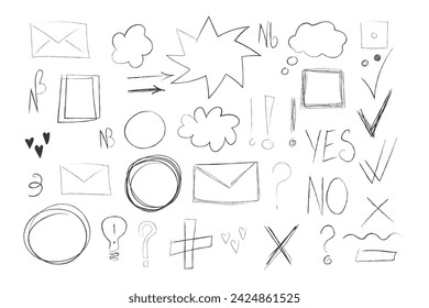 Vector set with hand-drawn graphics elements. Circles, squares, tags and points, clouds, and nota bene signs. Variety of simple sketched elements.