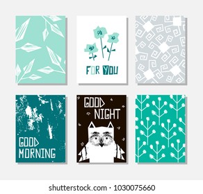 Vector set of hand-drawn greeting cards or posters. Simple illustrations with phrases: for you, good morning, good night