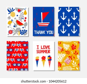Vector set of hand-drawn greeting cards or posters. Simple illustration with sea elements and phrases: thank you, I love summer