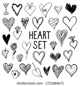 Vektorillustration Set von handgezeichneten Herzen. Schwarz-Weiß-Kollektion von verschiedenen Grunge-Herzen in Form und Stil. Design-Elemente zum Erstellen von Grußkarten, Einladungen, Bannern, Flyern und Clipart-Kunst.