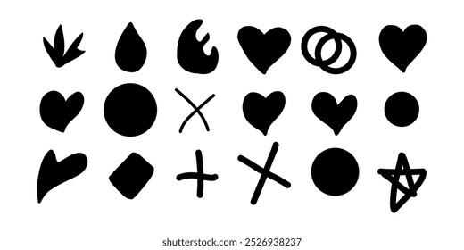 vector set of hand-drawn hearts, crosses, and symbols in black