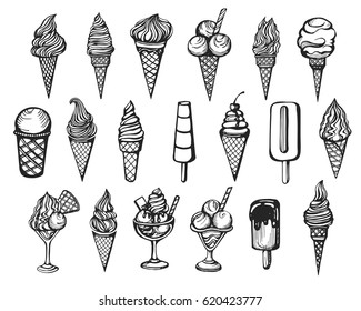 Vector set of the hand-drawn ice-ream icons on the white background