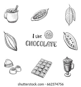 Vector set of hand-drawn icons of cocoa and chocolate. 