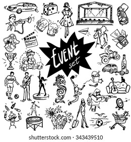 Vector set of hand-drawn icons for events. Stage, spotlight, people.
