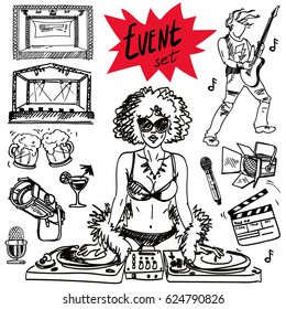 Vector set of hand-drawn icons for events. Stage, spotlight, people, sound,  microphone, spotlight, DJ and console. Sketch.