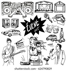 Vector set of hand-drawn icons or for events. Stage, spotlight, people, sound,  microphone, spotlight, DJ and console. 
