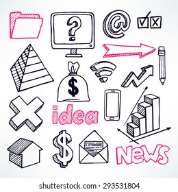 vector set of hand-drawn icons and text on white background