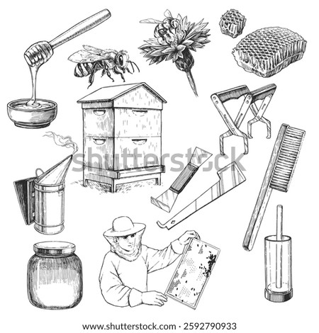 Vector set of hand-drawn illustrations of beekeeping accessories. Black and white sketches with honey, tools, beehive and beekeeper with honeycomb frame.
