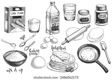 A vector set of hand-drawn illustrations of cooking process of the Mexican national dish, isolated on white. Sketches of ingredients for a tortilla in the style of an engraving.