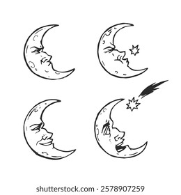 Vector set of hand-drawn illustrations of crescent. Funny cartoon character. Comic about the moon and star.