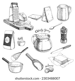 Vector set of hand-drawn illustrations for the design of a cheese sauce recipe in the style of an engraving. A collection of sketches of ingredients for a cooking book.