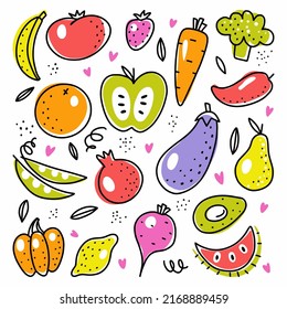 Vector set of hand-drawn illustrations of fruits and vegetables	