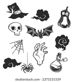 Conjunto de vectores de ilustraciones hechas a mano para sellos de Halloween. Una colección de elementos gráficos para impresiones de vacaciones. Calavera, murciélago, calabaza, sombrero de bruja y otros símbolos de Halloween.