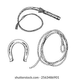 Vector set of hand-drawn illustrations of horse equipment. Black and white sketches of horseshoe, lasso and whip. Wild West symbols.