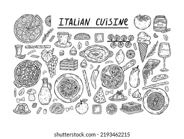 Vector set of hand-drawn illustrations of Italian cuisine.