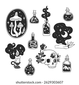 Vector set of hand-drawn illustrations with magic symbols. Halloween sticker design.
