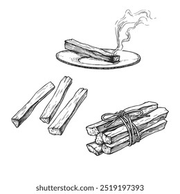 Vector set of hand-drawn illustrations of palo santo wood sticks isolated on white. Sketches of burning incense and a bunch of aroma sticks.