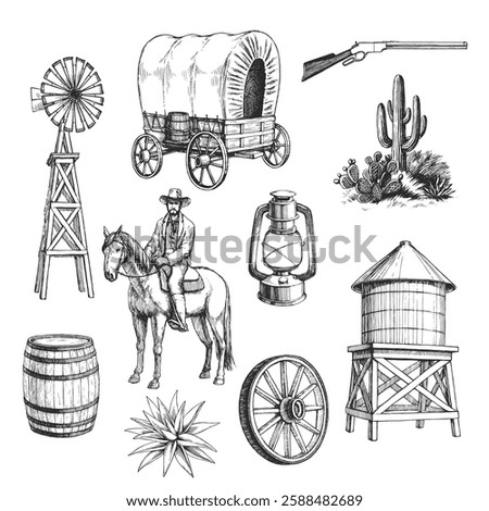 Vector set of hand-drawn illustrations of Wild West symbols. American settlers. Life of pioneers of America.
