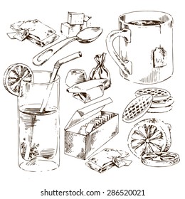 vector set of hand-drawn images with tea items