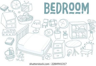 Vektorset mit handgezeichneten, isolierten Doodles zum Thema Möbel. Flache Illustrationen von Objekten für Dekoration und Interieur. Skizzen für die Verwendung im Design
