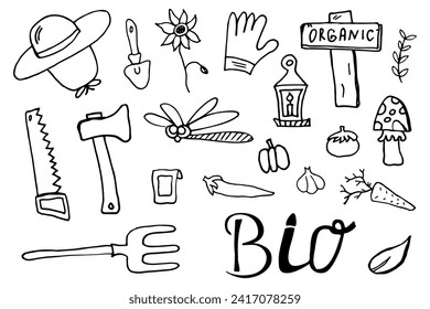 Vector set with hand-drawn isolated doodles on the theme of the garden, garden tools, agriculture