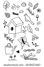 Vektorset mit handgezeichneten, isolierten Doodles zum Thema Garten, Gartenwerkzeuge, Landwirtschaft