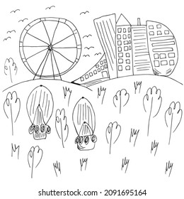 Vector set with hand-drawn isolated drawings on a white background on the theme of urban infrastructure, skyscrapers, a Ferris wheel and a park. doodle style