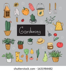 Vector set with hand-drawn isolated scribbles on the theme of the garden, garden tools, agriculture, implements, crops, greenhouses, indoor plants.