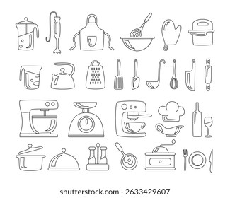 Vector set of hand-drawn kitchen icons featuring cookware, utensils, appliances, and food-related items in a clean outline style, perfect for culinary projects, menu design, or cooking apps