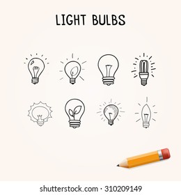 Vector set of Hand-drawn light bulbs, doodle icons