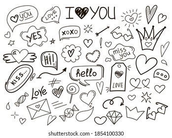 Vector set of hand-drawn love elements. Set of decorative elements in Doodle style. Arrows, hearts, text, glasses, crowns, lettering, candy, and other elements. Valentine's day.