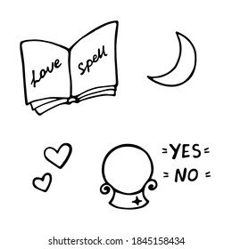 vector set of hand-drawn magic elements. Doodle icon, sticker, print, sketch. isolated on a white background. spell book, moon, orb of divination. wizard attribute