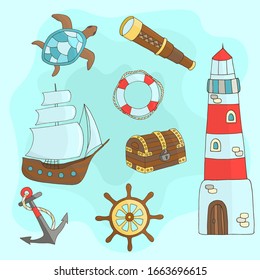 Vector set of hand-drawn marine themes on a blue background: ship, lighthouse, steering wheel, chest, sea turtle, anchor, lifebuoy, telescope