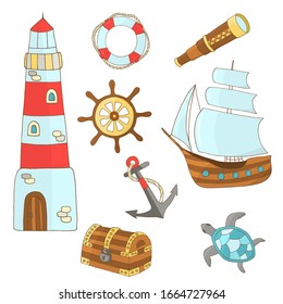 Vector set of hand-drawn marine themes on a white background: ship, lighthouse, steering wheel, chest, sea turtle, anchor, lifebuoy, telescope, for the design of postcards, books, covers, packages, an