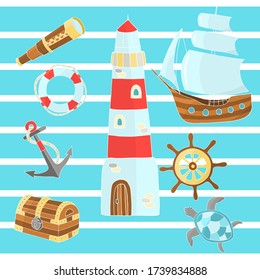 Vector set of hand-drawn marine themes on a blue and white striped background: ship, lighthouse, chest, sea turtle, anchor, telescope, for the design of postcards, books, covers, packages, and textile