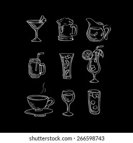 Vector set of hand-drawn mix drink and cocktail on chalkboard
