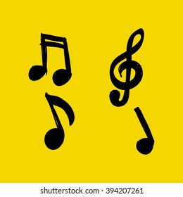 Vector Set of Hand-drawn music notes on yellow background, doodle illustration