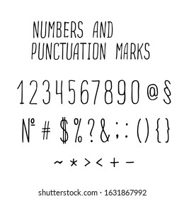 Vector set of hand-drawn numbers and punctuation marks.